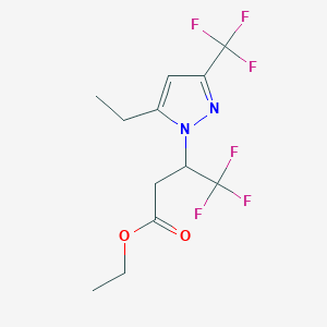 molecular formula C12H14F6N2O2 B12226445 Ethyl 3-[5-ethyl-3-(trifluoromethyl)-1H-pyrazol-1-yl]-4,4,4-trifluorobutanoate 