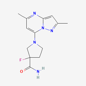 molecular formula C13H16FN5O B12226628 1-{2,5-Dimethylpyrazolo[1,5-a]pyrimidin-7-yl}-3-fluoropyrrolidine-3-carboxamide 