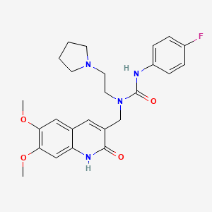 molecular formula C25H29FN4O4 B1222678 1-[(6,7-dimethoxy-2-oxo-1H-quinolin-3-yl)methyl]-3-(4-fluorophenyl)-1-[2-(1-pyrrolidinyl)ethyl]urea 