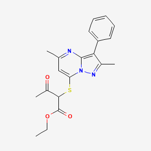 molecular formula C20H21N3O3S B12226805 Ethyl 2-[(2,5-dimethyl-3-phenylpyrazolo[1,5-a]pyrimidin-7-yl)sulfanyl]-3-oxobutanoate 