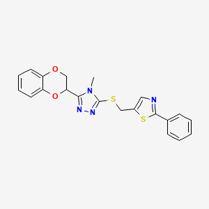 molecular formula C21H18N4O2S2 B1223156 5-[[[5-(2,3-Dihydro-1,4-benzodioxin-3-yl)-4-methyl-1,2,4-triazol-3-yl]thio]methyl]-2-phenylthiazole 