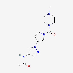 molecular formula C15H24N6O2 B12231940 N-{1-[1-(4-methylpiperazine-1-carbonyl)pyrrolidin-3-yl]-1H-pyrazol-4-yl}acetamide 