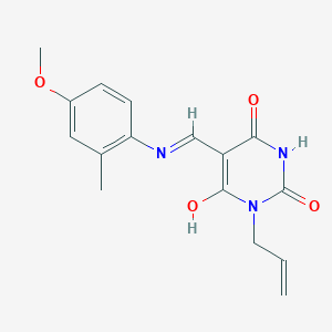 molecular formula C16H17N3O4 B1223232 5-[(4-Methoxy-2-methylanilino)methylidene]-1-prop-2-enyl-1,3-diazinane-2,4,6-trione 