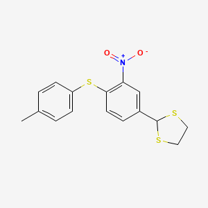 molecular formula C16H15NO2S3 B1223244 2-[4-(4-Methylphenyl)sulfanyl-3-nitrophenyl]-1,3-dithiolane 
