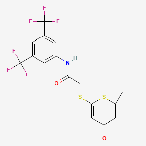 molecular formula C17H15F6NO2S2 B1223291 N-[3,5-bis(trifluoromethyl)phenyl]-2-[(2,2-dimethyl-4-oxo-3H-thiopyran-6-yl)thio]acetamide 