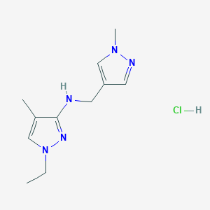 molecular formula C11H18ClN5 B12233667 1-ethyl-4-methyl-N-[(1-methylpyrazol-4-yl)methyl]pyrazol-3-amine;hydrochloride 