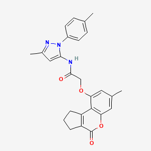 molecular formula C26H25N3O4 B1223424 N-[5-methyl-2-(4-methylphenyl)-3-pyrazolyl]-2-[(7-methyl-4-oxo-2,3-dihydro-1H-cyclopenta[c][1]benzopyran-9-yl)oxy]acetamide 