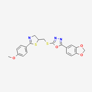 molecular formula C20H17N3O4S2 B1223588 2-(1,3-Benzodioxol-5-yl)-5-[[2-(4-methoxyphenyl)-4,5-dihydrothiazol-5-yl]methylthio]-1,3,4-oxadiazole 