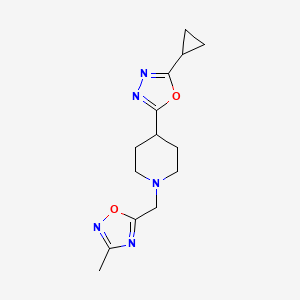 molecular formula C14H19N5O2 B12236135 4-(5-Cyclopropyl-1,3,4-oxadiazol-2-yl)-1-[(3-methyl-1,2,4-oxadiazol-5-yl)methyl]piperidine 