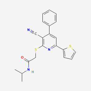 molecular formula C21H19N3OS2 B1223624 2-[(3-cyano-4-phenyl-6-thiophen-2-yl-2-pyridinyl)thio]-N-propan-2-ylacetamide 