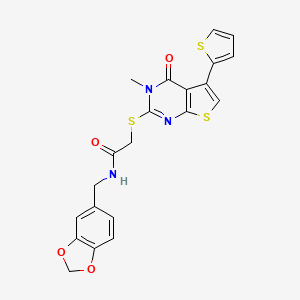 molecular formula C21H17N3O4S3 B1223685 N-(1,3-benzodioxol-5-ylmethyl)-2-[(3-methyl-4-oxo-5-thiophen-2-yl-2-thieno[2,3-d]pyrimidinyl)thio]acetamide 