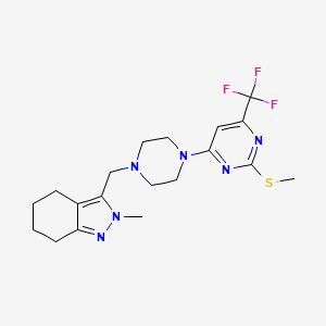 molecular formula C19H25F3N6S B12238718 2-methyl-3-({4-[2-(methylsulfanyl)-6-(trifluoromethyl)pyrimidin-4-yl]piperazin-1-yl}methyl)-4,5,6,7-tetrahydro-2H-indazole 