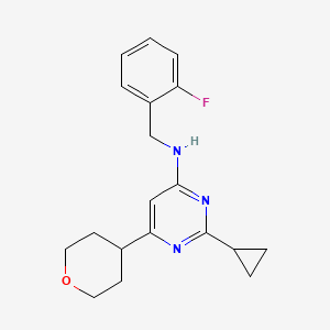 molecular formula C19H22FN3O B12239923 2-cyclopropyl-N-[(2-fluorophenyl)methyl]-6-(oxan-4-yl)pyrimidin-4-amine 