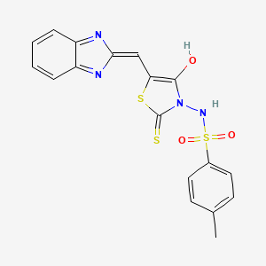 molecular formula C18H14N4O3S3 B1224029 N-[5-(1H-benzimidazol-2-ylmethylidene)-4-oxo-2-sulfanylidene-3-thiazolidinyl]-4-methylbenzenesulfonamide 