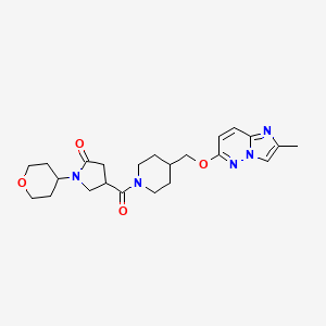 molecular formula C23H31N5O4 B12240605 4-{4-[({2-Methylimidazo[1,2-b]pyridazin-6-yl}oxy)methyl]piperidine-1-carbonyl}-1-(oxan-4-yl)pyrrolidin-2-one 