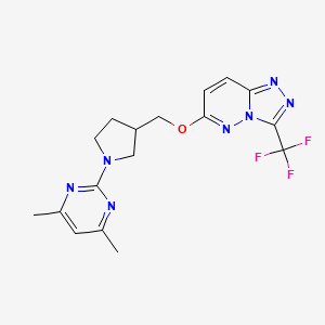 molecular formula C17H18F3N7O B12241046 4,6-Dimethyl-2-[3-({[3-(trifluoromethyl)-[1,2,4]triazolo[4,3-b]pyridazin-6-yl]oxy}methyl)pyrrolidin-1-yl]pyrimidine 