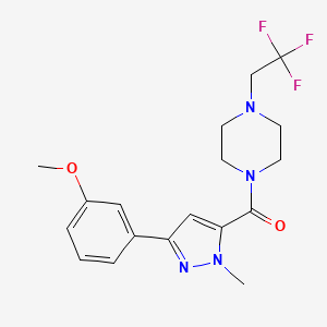 molecular formula C18H21F3N4O2 B12242356 1-[3-(3-methoxyphenyl)-1-methyl-1H-pyrazole-5-carbonyl]-4-(2,2,2-trifluoroethyl)piperazine 