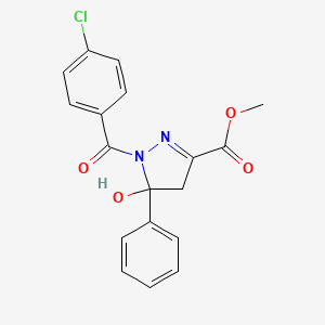 molecular formula C18H15ClN2O4 B1224261 1-[(4-chlorophenyl)-oxomethyl]-5-hydroxy-5-phenyl-4H-pyrazole-3-carboxylic acid methyl ester 