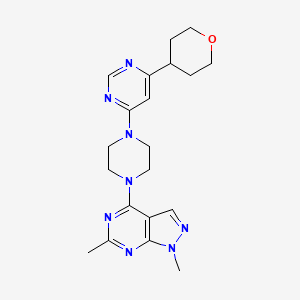 molecular formula C20H26N8O B12242757 4-(4-{1,6-dimethyl-1H-pyrazolo[3,4-d]pyrimidin-4-yl}piperazin-1-yl)-6-(oxan-4-yl)pyrimidine 