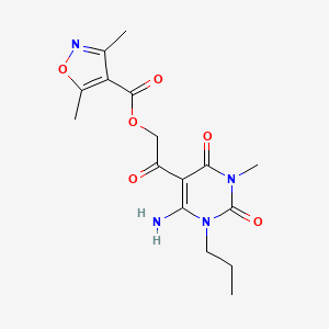 molecular formula C16H20N4O6 B1224384 3,5-Dimethyl-4-isoxazolecarboxylic acid [2-(4-amino-1-methyl-2,6-dioxo-3-propyl-5-pyrimidinyl)-2-oxoethyl] ester 