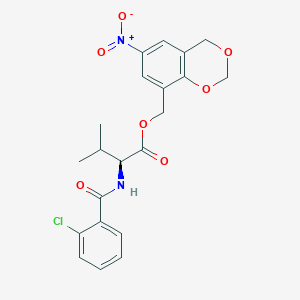 molecular formula C21H21ClN2O7 B1224420 (2S)-2-[[(2-chlorophenyl)-oxomethyl]amino]-3-methylbutanoic acid (6-nitro-4H-1,3-benzodioxin-8-yl)methyl ester 