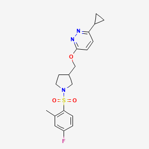 molecular formula C19H22FN3O3S B12244690 3-Cyclopropyl-6-{[1-(4-fluoro-2-methylbenzenesulfonyl)pyrrolidin-3-yl]methoxy}pyridazine 