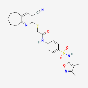 molecular formula C24H25N5O4S2 B1224655 2-[(3-cyano-6,7,8,9-tetrahydro-5H-cyclohepta[b]pyridin-2-yl)thio]-N-[4-[(3,4-dimethyl-5-isoxazolyl)sulfamoyl]phenyl]acetamide 