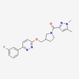 molecular formula C21H22FN5O2 B12246581 3-{[1-(1,5-dimethyl-1H-pyrazole-3-carbonyl)pyrrolidin-3-yl]methoxy}-6-(3-fluorophenyl)pyridazine 