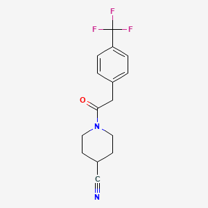 molecular formula C15H15F3N2O B12248110 1-{2-[4-(Trifluoromethyl)phenyl]acetyl}piperidine-4-carbonitrile 