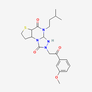 molecular formula C21H28N4O4S B12249357 11-[2-(3-Methoxyphenyl)-2-oxoethyl]-8-(3-methylbutyl)-5-thia-1,8,10,11-tetraazatricyclo[7.3.0.0^{2,6}]dodeca-2(6),3,9-triene-7,12-dione 