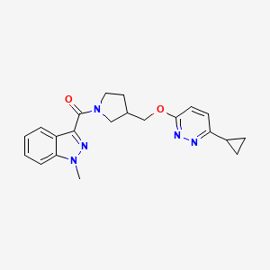 molecular formula C21H23N5O2 B12249568 3-(3-{[(6-cyclopropylpyridazin-3-yl)oxy]methyl}pyrrolidine-1-carbonyl)-1-methyl-1H-indazole 