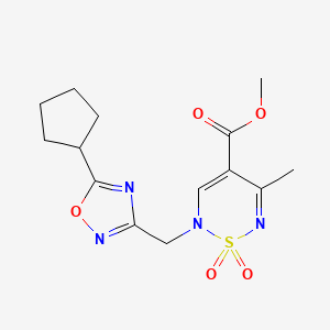 molecular formula C14H18N4O5S B12249794 methyl 2-[(5-cyclopentyl-1,2,4-oxadiazol-3-yl)methyl]-5-methyl-1,1-dioxo-2H-1lambda6,2,6-thiadiazine-4-carboxylate 