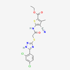 molecular formula C19H15Cl2N5O3S2 B1224999 4-氰基-5-[[2-[[5-(2,4-二氯苯基)-1H-1,2,4-三唑-3-基]硫基]-1-氧代乙基]氨基]-3-甲基-2-噻吩甲酸乙酯 