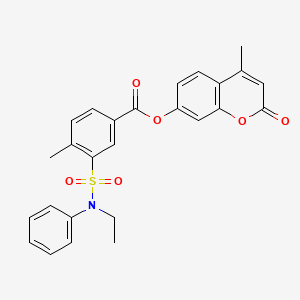 molecular formula C26H23NO6S B1225160 3-[Ethyl(phenyl)sulfamoyl]-4-methylbenzoic acid (4-methyl-2-oxo-1-benzopyran-7-yl) ester 