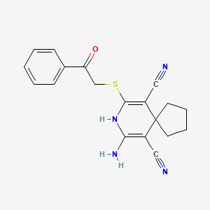 molecular formula C19H18N4OS B1225282 7-Amino-9-(phenacylthio)-8-azaspiro[4.5]deca-6,9-diene-6,10-dicarbonitrile 