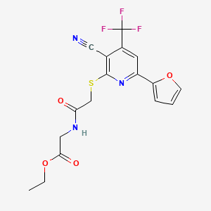 molecular formula C17H14F3N3O4S B12254252 Ethyl 2-(2-{[3-cyano-6-(furan-2-YL)-4-(trifluoromethyl)pyridin-2-YL]sulfanyl}acetamido)acetate 