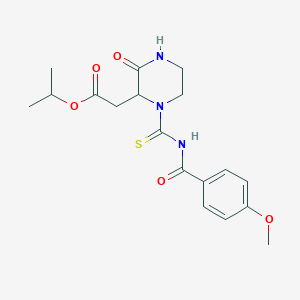 molecular formula C18H23N3O5S B1225453 2-[1-[[[(4-Methoxyphenyl)-oxomethyl]amino]-sulfanylidenemethyl]-3-oxo-2-piperazinyl]acetic acid propan-2-yl ester 