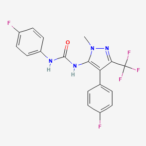 molecular formula C18H13F5N4O B1225496 1-(4-Fluorophenyl)-3-[4-(4-fluorophenyl)-2-methyl-5-(trifluoromethyl)-3-pyrazolyl]urea 