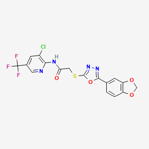 molecular formula C17H10ClF3N4O4S B1225498 2-[[5-(1,3-benzodioxol-5-yl)-1,3,4-oxadiazol-2-yl]thio]-N-[3-chloro-5-(trifluoromethyl)-2-pyridinyl]acetamide 