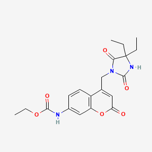 molecular formula C20H23N3O6 B1225536 N-[4-[(4,4-diethyl-2,5-dioxo-1-imidazolidinyl)methyl]-2-oxo-1-benzopyran-7-yl]carbamic acid ethyl ester 