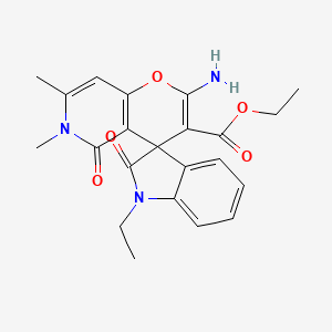 molecular formula C22H23N3O5 B12257614 Ethyl 2'-amino-1-ethyl-6',7'-dimethyl-2,5'-dioxo-1,2,5',6'-tetrahydrospiro[indole-3,4'-pyrano[3,2-c]pyridine]-3'-carboxylate 