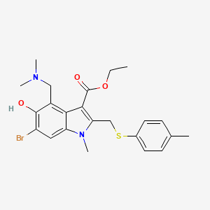 molecular formula C23H27BrN2O3S B1225893 6-Bromo-4-[(dimethylamino)methyl]-5-hydroxy-1-methyl-2-[[(4-methylphenyl)thio]methyl]-3-indolecarboxylic acid ethyl ester 