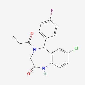 molecular formula C18H16ClFN2O2 B1225992 7-chloro-5-(4-fluorophenyl)-4-(1-oxopropyl)-3,5-dihydro-1H-1,4-benzodiazepin-2-one 
