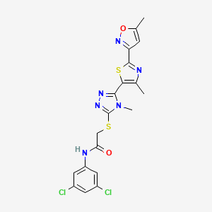molecular formula C19H16Cl2N6O2S2 B1226059 N-(3,5-dichlorophenyl)-2-[[4-methyl-5-[4-methyl-2-(5-methyl-3-isoxazolyl)-5-thiazolyl]-1,2,4-triazol-3-yl]thio]acetamide 