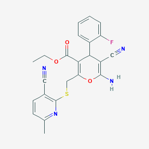 molecular formula C23H19FN4O3S B12260592 ethyl 6-amino-5-cyano-2-{[(3-cyano-6-methylpyridin-2-yl)sulfanyl]methyl}-4-(2-fluorophenyl)-4H-pyran-3-carboxylate 