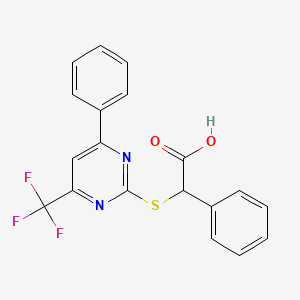 molecular formula C19H13F3N2O2S B12262913 alpha-((4-Phenyl-6-(trifluoromethyl)-2-pyrimidinyl)thio)benzeneacetic acid CAS No. 107072-32-2