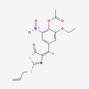 molecular formula C17H16N2O6S2 B1226309 [2-ethoxy-6-nitro-4-[(E)-(5-oxo-2-prop-2-enylsulfanyl-1,3-thiazol-4-ylidene)methyl]phenyl] acetate 