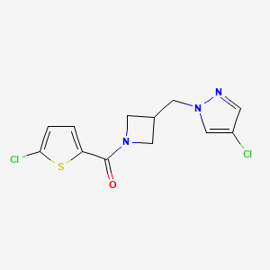 molecular formula C12H11Cl2N3OS B12263435 4-chloro-1-{[1-(5-chlorothiophene-2-carbonyl)azetidin-3-yl]methyl}-1H-pyrazole 