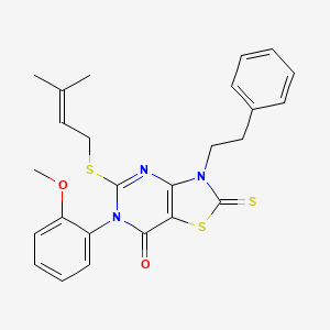 molecular formula C25H25N3O2S3 B12263687 6-(2-methoxyphenyl)-5-[(3-methylbut-2-en-1-yl)sulfanyl]-3-(2-phenylethyl)-2-sulfanylidene-2H,3H,6H,7H-[1,3]thiazolo[4,5-d]pyrimidin-7-one 