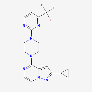 molecular formula C18H18F3N7 B12264116 2-(4-{2-Cyclopropylpyrazolo[1,5-a]pyrazin-4-yl}piperazin-1-yl)-4-(trifluoromethyl)pyrimidine 